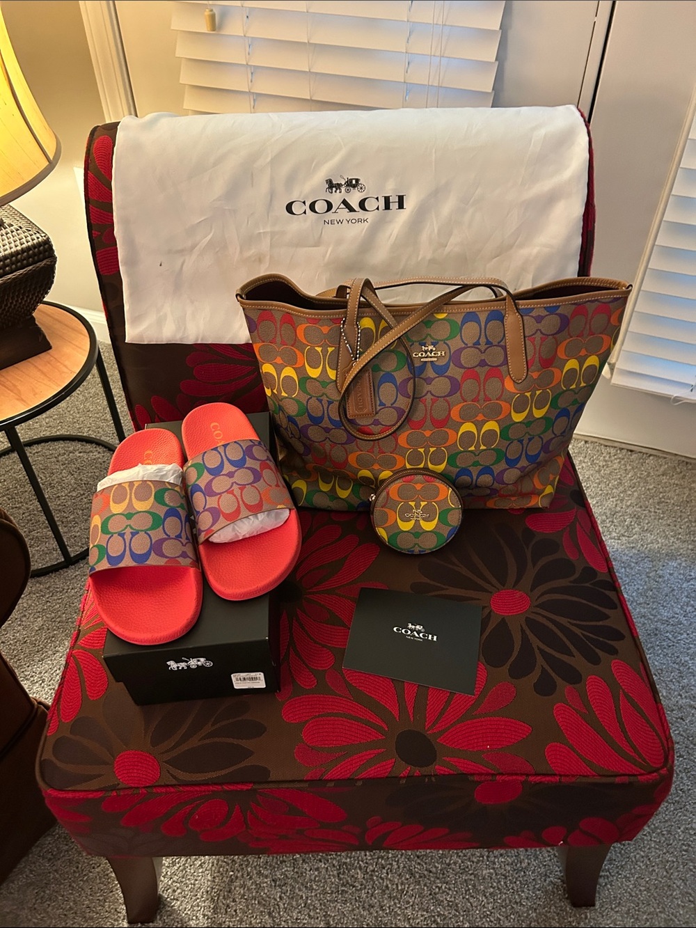 COACH Rainbow Signature Canvas Tote Bag with matching slides & coin purse